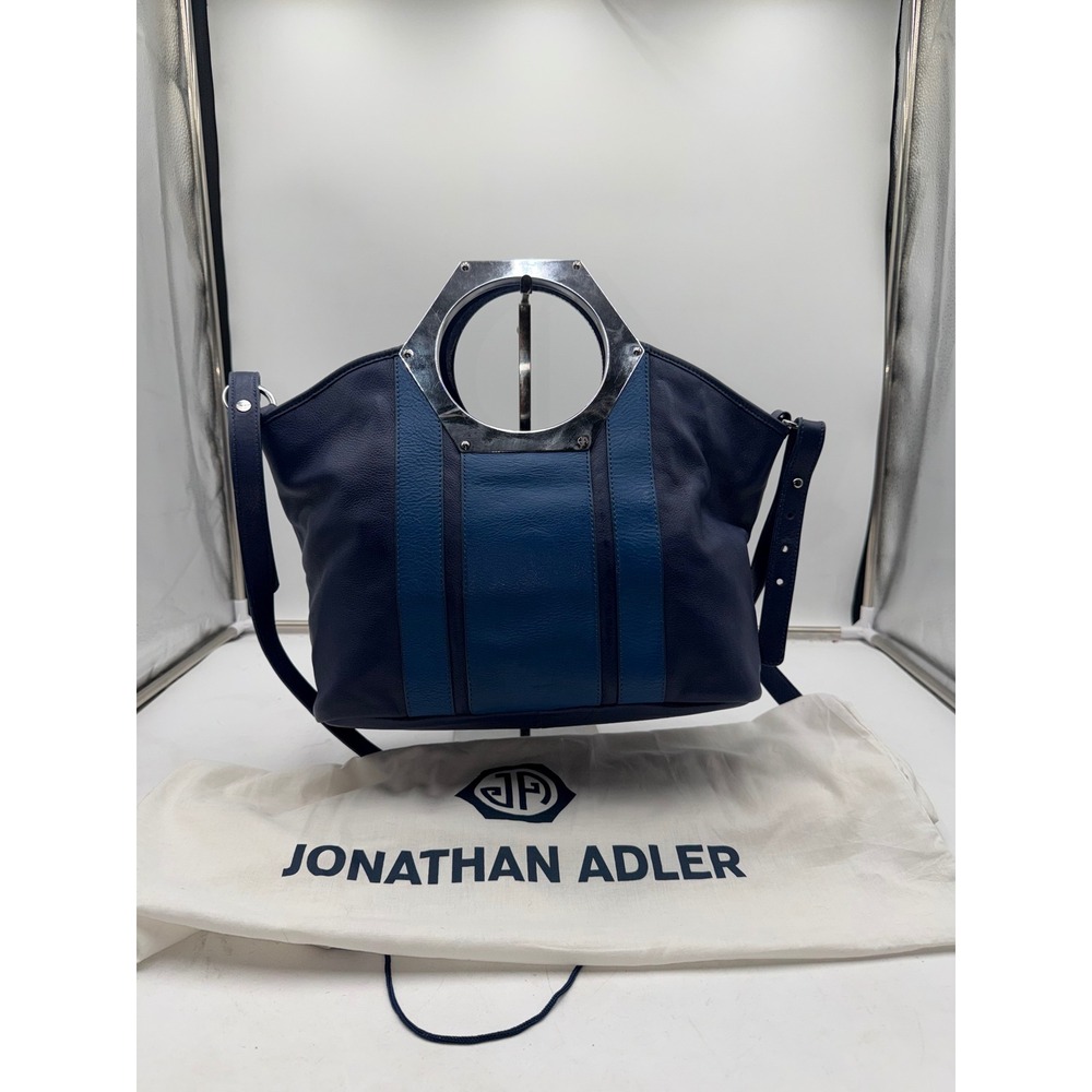 Jonathan Adler RARE Blue Pebbled Leather Hex Handle Satchel Crossbody w/Dust Bag